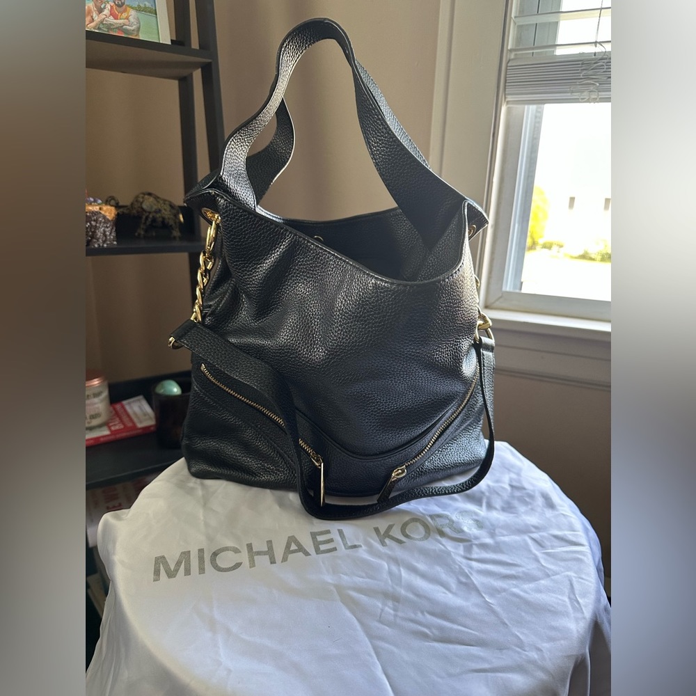 Michael Kors Black Leather Shoulder Bag with Gold Accents